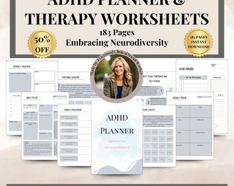 May include: A gray and white printable planner and therapy worksheets for ADHD. The planner has a light blue and white design with the text "ADHD Planner" and "Embracing Neurodiversity". The worksheets include sections for personal qualities, weekly evaluation, daily focus, goals tracker, and weekly vision.