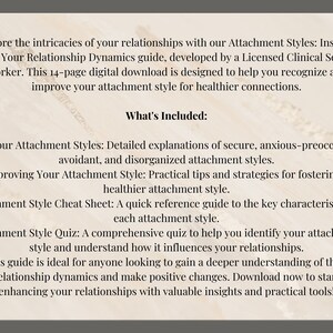 Puede incluir: Una gu&iacute;a de descarga digital titulada "Attachment Styles: Insights into Your Relationship Dynamics" con un fondo beige y texto negro. La gu&iacute;a incluye informaci&oacute;n sobre los cuatro estilos de apego, consejos para mejorar el estilo de apego, una hoja de trucos y un cuestionario.
