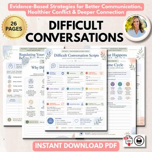 May include: A 26-page digital PDF guide titled Difficult Conversations, featuring evidence-based strategies for communication and conflict. The document includes structured worksheets with scripts for setting boundaries, giving feedback, and emotional regulation.