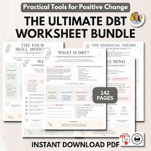 May include: A digital DBT worksheet bundle featuring 142 pages of mental health resources. The pages include headers like The Four Skill Modules, What is DBT, and The Biosocial Theory, with sections for mindfulness, distress tolerance, and emotion regulation.