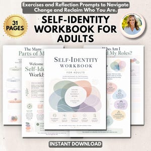 May include: A 31-page self-identity workbook for adults featuring guided worksheets for self-discovery. The cover displays the title, abstract colorful shapes, and the text Explore, Reflect, Reconnect, Become. Includes interior pages with prompts about roles, values, and personal growth.