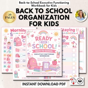 Könnte beinhalten: Ein 26-seitiges digitales Arbeitsbuch mit dem Titel Ready for School! Back-to-School Executive Functioning Workbook. Das Cover zeigt einen rosa Rucksack, gestapelte Bücher, einen Stift und einen Apfel mit pastellfarbenen Regenbogen- und Wolkengrafiken.