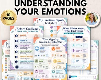 Op de afbeelding: Een 10-pagina tellende digitale PDF-gids getiteld Understanding Your Emotions, met kleurrijke werkbladen met secties zoals Before You React, My Emotional Signals Cheat Sheet en What Might My Emotion Be Telling Me voor emotiebeheer.