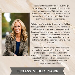 May include: A professional woman with blonde hair smiles in a photo. She wears a blue top under a patterned blazer. Text on the image reads "Welcome to Success in Social Work" and describes downloadable resources for social workers and therapists.