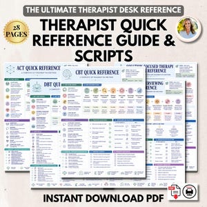 Può includere: Una guida di riferimento rapido per terapeuti di 28 pagine con script in download digitale. Il documento include diverse pagine con roadmap di ACT, TCC, DBT e terapia focalizzata sulle soluzioni con testo, icone e informazioni strutturate.