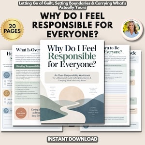 Könnte beinhalten: Ein 20-seitiges Arbeitsbuch mit dem Titel Why Do I Feel Responsible for Everyone? und einem Cover, das eine Landschaft mit Sonne über Hügeln in gedeckten Blau-, Grün- und Pfirsichtönen zeigt. Das Arbeitsbuch enthält Seiten zur Reflexion und Grenzsetzung.
