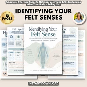 Könnte beinhalten: Ein 10-seitiger digitaler Leitfaden mit dem Titel Identifying Your Felt Sense, der einen somatisch informierten Ansatz zur Körperwahrnehmung bietet. Das Cover zeigt eine menschliche Silhouette mit weichen, geschichteten Farbwellen und Text, der einen Prozess zum Wahrnehmen, Beschreiben und Verstehen körperlicher Empfindungen detailliert.