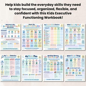 Op de afbeelding: Een werkboek voor executieve functies voor kinderen met acht kleurrijke pagina's vol tekst en iconen. De titels zijn onder andere Welcome to My Executive Functioning Workbook, Meet My Executive Functioning Skills, My Executive Skills Check-In, What Gets in My Way, My Focus Detective, My Focus Plan, Working Memory Hold That Thought en When I Forget Things.