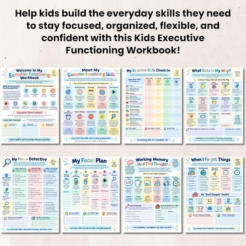 Op de afbeelding: Een werkboek voor executieve functies voor kinderen met acht kleurrijke pagina's vol tekst en iconen. De titels zijn onder andere Welcome to My Executive Functioning Workbook, Meet My Executive Functioning Skills, My Executive Skills Check-In, What Gets in My Way, My Focus Detective, My Focus Plan, Working Memory Hold That Thought en When I Forget Things.