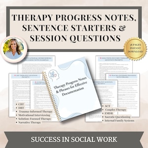 Puede incluir: Una descarga digital de 58 páginas de notas de progreso de terapia, frases de inicio de sesión y preguntas de sesión. El documento incluye secciones para TCC, DBT, terapia informada sobre trauma, entrevista motivacional, terapia centrada en soluciones, terapia narrativa, ACT, terapia de pareja, EMDR, cuestionamiento socrático y sistemas familiares internos. El documento está diseñado para trabajadores sociales y terapeutas.