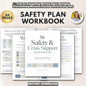 Könnte beinhalten: Ein 64-seitiges Arbeitsbuch mit dem Titel My Safety & Crisis Support Workbook. Das Cover zeigt eine neutrale Farbpalette mit Abschnitten für Warnsignale, Bewältigung, Erdung, Unterstützung, Sicherheit und Genesung. Enthält Innenseiten mit Anleitungen zur Bewältigung schwieriger Momente und zur Identifizierung persönlicher Prioritäten.