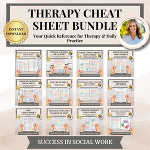 May include: A set of 12 colorful cheat sheets for therapy and daily practice. Each sheet has a different topic, such as motivational interviewing, impulse control, grief coping skills, sleep hygiene, anger management, CBT, internal family systems, EMDR therapy, DBT, obsessive compulsive disorder, somatic therapy, and executive functioning. The sheets are designed to be a quick reference for therapists and social workers.