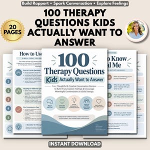 May include: A 20-page digital therapy toolkit titled 100 Therapy Questions Kids Actually Want to Answer. The cover features a central title, five circular icons with text, and a blue wave graphic. Includes pages with instructions and lists.