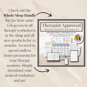 Op de afbeelding: Een digitaal pakket met middelen voor geestelijke gezondheidszorg, bestaande uit een computermonitor, tablet en smartphone met therapiewerkbladen. De tekst luidt: Therapist Approved Mental Health Resources, OVER 6000 THERAPY TOOLS READY-TO-GO!.