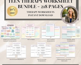 Teen Therapy Worksheet Bundle, therapist journal anxiety, teenagers coping skills, GAD, therapy workbook ,psychology kids mental health