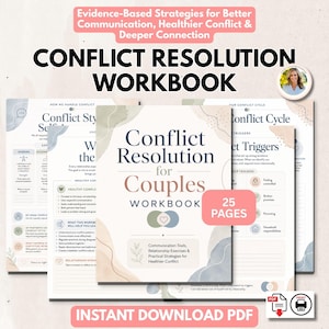 Pode incluir: Um caderno de exercícios de 25 páginas sobre resolução de conflitos para casais com uma paleta de cores suaves e detalhes em aguarela. A capa apresenta o título Conflict Resolution for Couples WORKBOOK e ferramentas de comunicação.