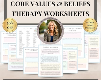 May include: A set of printable worksheets for social work therapy. The worksheets are designed to help people reflect on their core values and beliefs. The worksheets are made by a licensed clinical social worker. The worksheets are available for instant download. The worksheets are 50% off.