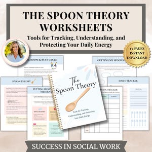 May include: A collection of worksheets titled "The Spoon Theory Worksheets" with the text "Tools for Tracking, Understanding, and Protecting Your Daily Energy." The image includes a spiral-bound notebook, individual pages, and a gold seal that says "13 Pages Instant Download."