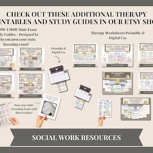 Peut inclure: Une collection de guides d'&eacute;tude et de feuilles de travail de th&eacute;rapie imprimables et num&eacute;riques pour les travailleurs sociaux. L'image comprend le texte "CHECK OUT THESE ADDITIONAL THERAPY PRINTABLES AND STUDY GUIDES IN OUR ETSY SHOP!" et "LCSW/LMSW State Exam Study Guides - Designed to help you pass your state licensing exam!"