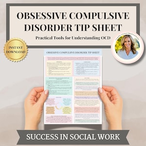 May include: A printable tip sheet with a pink, blue, and green color scheme. The sheet is titled "Obsessive Compulsive Disorder Tip Sheet" and provides practical tools for understanding OCD. The sheet includes sections on obsessions, compulsions, and how to break the cycle of OCD.