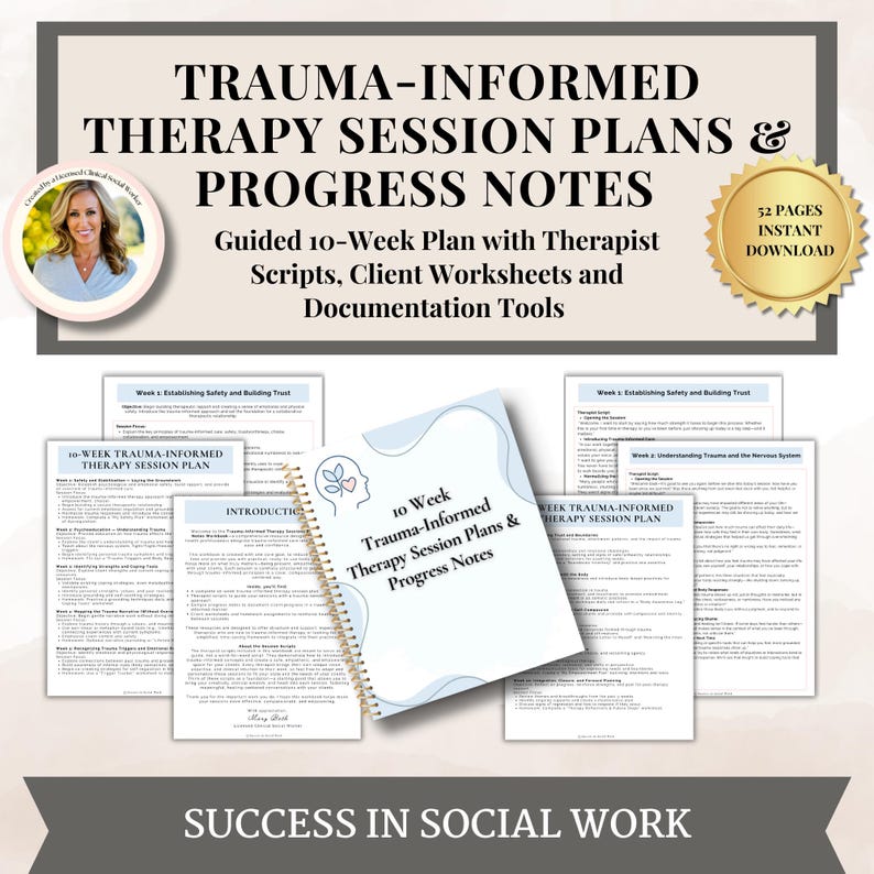 May include: A digital download of a 10-week trauma-informed therapy session plan with therapist scripts, client worksheets, and documentation tools. The cover features a blue and white design with the title "10 Week Trauma-Informed Therapy Session Plans & Progress Notes".