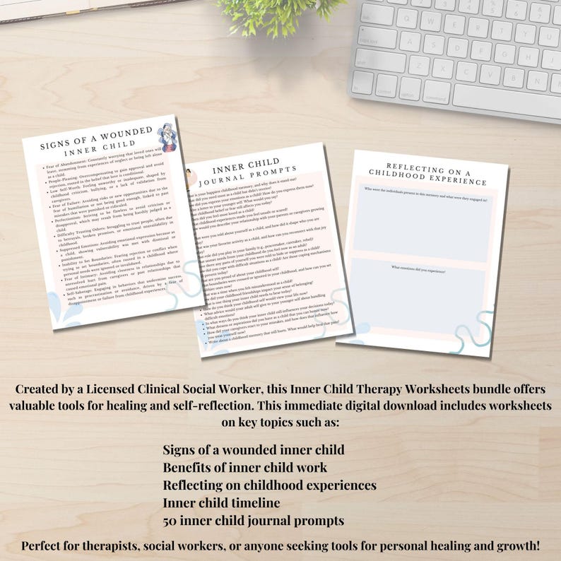 May include: A set of printable worksheets for inner child work. The worksheets are on a light blue background with pink and white accents. The text on the worksheets includes "Signs of a Wounded Inner Child", "Inner Child Journal Prompts", and "Reflecting on a Childhood Experience".