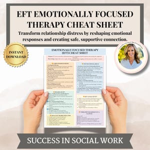 Puede incluir: Una hoja de trucos para la terapia centrada en las emociones (EFT) sostenida por manos. El documento incluye secciones sobre intervenciones básicas, ideas fundamentales, fases de EFT, objetivos clave y una hoja de ruta para terapeutas.