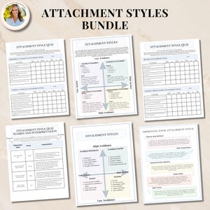 K&ouml;nnte beinhalten: Ein B&uuml;ndel gedruckter Arbeitsbl&auml;tter und Anleitungen zu Bindungsstilen. Der Titel "ATTACHMENT STYLES BUNDLE" steht oben. Die Arbeitsbl&auml;tter umfassen Quiz, Punktzahlen und Interpretationshilfen. Das Farbschema ist haupts&auml;chlich Wei&szlig; und Hellblau.