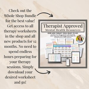 May include: A digital download bundle of over 6,000 therapist-approved mental health worksheets. The bundle includes unlimited access to new resources and is ready-to-go for use in therapy sessions.