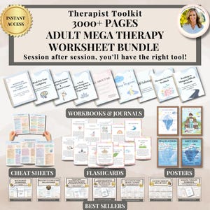 May include: A digital product bundle for therapists, featuring workbooks, journals, cheat sheets, flashcards, and posters. The bundle includes over 3000 pages of resources for adult mega therapy. The image includes the text "Therapist Toolkit" and "ADULT MEGA THERAPY WORKSHEET BUNDLE."