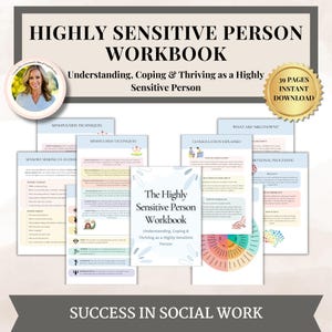 Op de afbeelding: Een werkboek getiteld "Highly Sensitive Person Workbook" met de ondertitel "Understanding, Coping & Thriving as a Highly Sensitive Person". De afbeelding bevat verschillende open pagina's met tekst en afbeeldingen, en een gouden zegel met de tekst "39 Pages Instant Download".