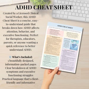 Może przedstawiać: Wydrukowana karta ADHD Cheat Sheet z tytułem "ADHD CHEAT SHEET" jest trzymana w dłoni. Karta jest przewodnikiem po zrozumieniu ADHD, z sekcjami dotyczącymi wyzwań, funkcjonowania wykonawczego i wskaz&oacute;wek. Tekst jest czarny.