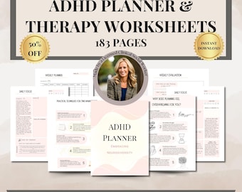 May include: A pink and white digital planner and therapy worksheets for people with ADHD. The planner has the text "ADHD Planner" and "Embracing Neurodiversity". The worksheets include sections for daily focus, weekly planner, and weekly evaluation. The image also includes a photo of a woman and the text "Made by a Licensed Clinical Social Worker".