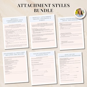K&ouml;nnte beinhalten: Ein Bundle ausdruckbarer Arbeitsbl&auml;tter mit dem Titel "ATTACHMENT STYLES BUNDLE". Die Arbeitsbl&auml;tter behandeln Themen wie das Verst&auml;ndnis von Bindungsstilen, Kindheitsurspr&uuml;ngen, Grenzen und Kommunikation. Sanftes Farbschema mit beigem Hintergrund und blauen &Uuml;berschriften.