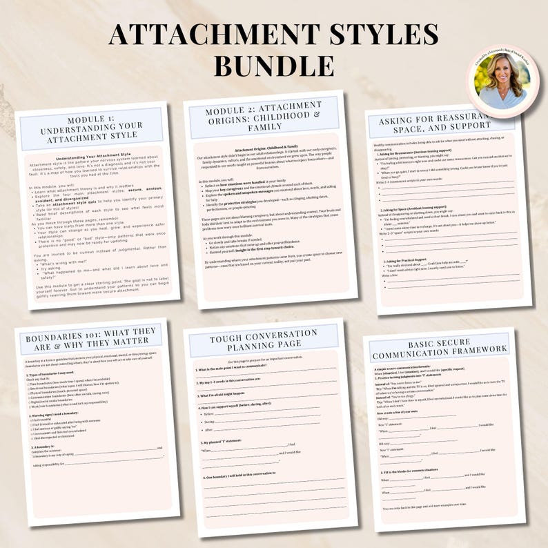 K&ouml;nnte beinhalten: Ein Bundle ausdruckbarer Arbeitsbl&auml;tter mit dem Titel "ATTACHMENT STYLES BUNDLE". Die Arbeitsbl&auml;tter behandeln Themen wie das Verst&auml;ndnis von Bindungsstilen, Kindheitsurspr&uuml;ngen, Grenzen und Kommunikation. Sanftes Farbschema mit beigem Hintergrund und blauen &Uuml;berschriften.