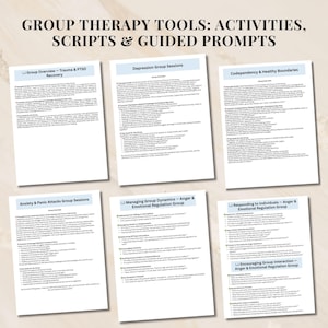 May include: A set of six printable worksheets for group therapy sessions. The worksheets are titled: Group Overview - Trauma & PTSD Recovery, Depression Group Sessions, Codependency & Healthy Boundaries, Anxiety & Panic Attacks Group Sessions, Managing Group Dynamics - Anger & Emotional Regulation Group, Responding to Individuals - Anger & Emotional Regulation Group, and Encouraging Group Interaction - Anger & Emotional Regulation Group.