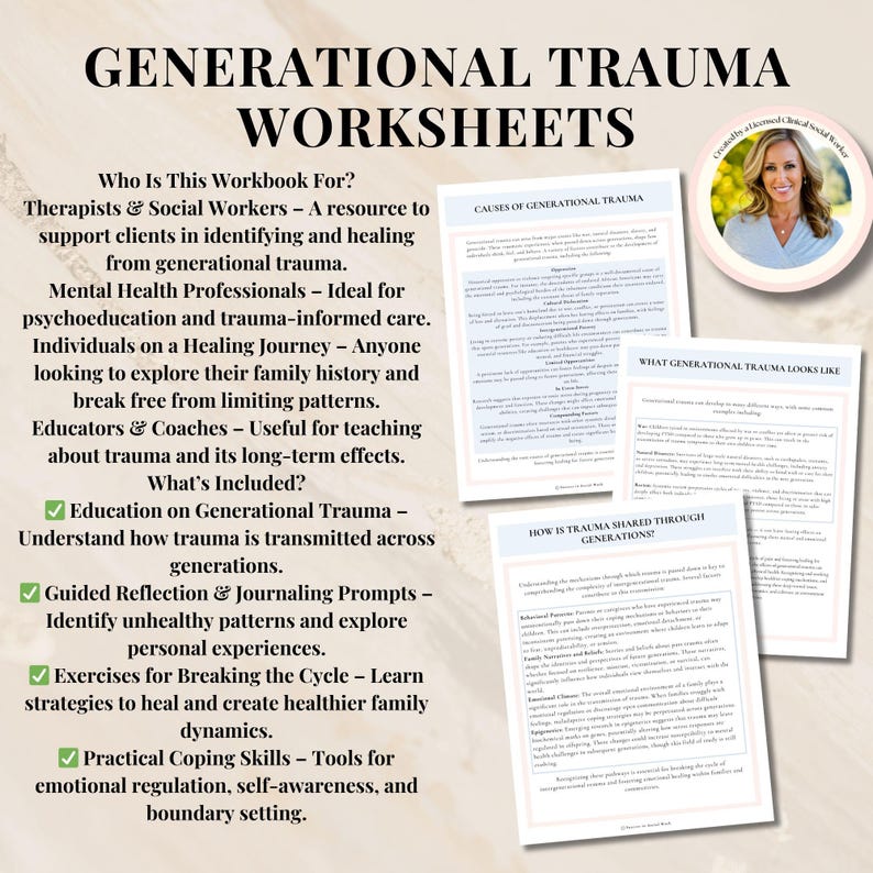 Puede incluir: Un conjunto de cuatro hojas de trabajo tituladas "Hojas de trabajo sobre trauma generacional" con una lista de temas que incluyen educaci&oacute;n sobre trauma generacional, indicaciones para la reflexi&oacute;n guiada y el diario, ejercicios para romper el ciclo y habilidades pr&aacute;cticas de afrontamiento. Las hojas de trabajo est&aacute;n dise&ntilde;adas para ayudar a las personas a comprender y sanar del trauma generacional.