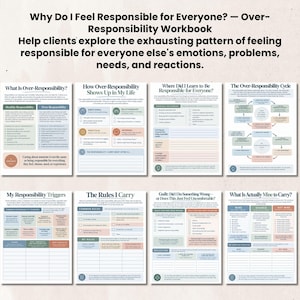 May include: A digital workbook titled Why Do I Feel Responsible for Everyone? featuring eight pages with charts, checklists, and reflection prompts in blue, peach, and grey tones. The text explores patterns of over-responsibility and emotional boundaries.