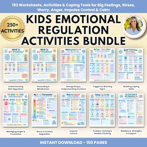 May include: A digital bundle of 152 worksheets and activities for kids' emotional regulation, stress, and impulse control. The image displays ten colorful educational charts with text, including titles like What Is Self-Regulation, My Stress Thermometer, and Thinking Traps for Kids.