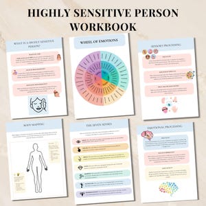 Op de afbeelding: Een werkboek getiteld "Highly Sensitive Person Workbook" met verschillende pagina's weergegeven. De pagina's bevatten onderwerpen als "Wiel van emoties", "Sensorische verwerking" en "Body Mapping". Het werkboek heeft een lichtblauw en roze kleurenschema.