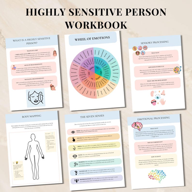 Op de afbeelding: Een werkboek getiteld "Highly Sensitive Person Workbook" met verschillende pagina's weergegeven. De pagina's bevatten onderwerpen als "Wiel van emoties", "Sensorische verwerking" en "Body Mapping". Het werkboek heeft een lichtblauw en roze kleurenschema.