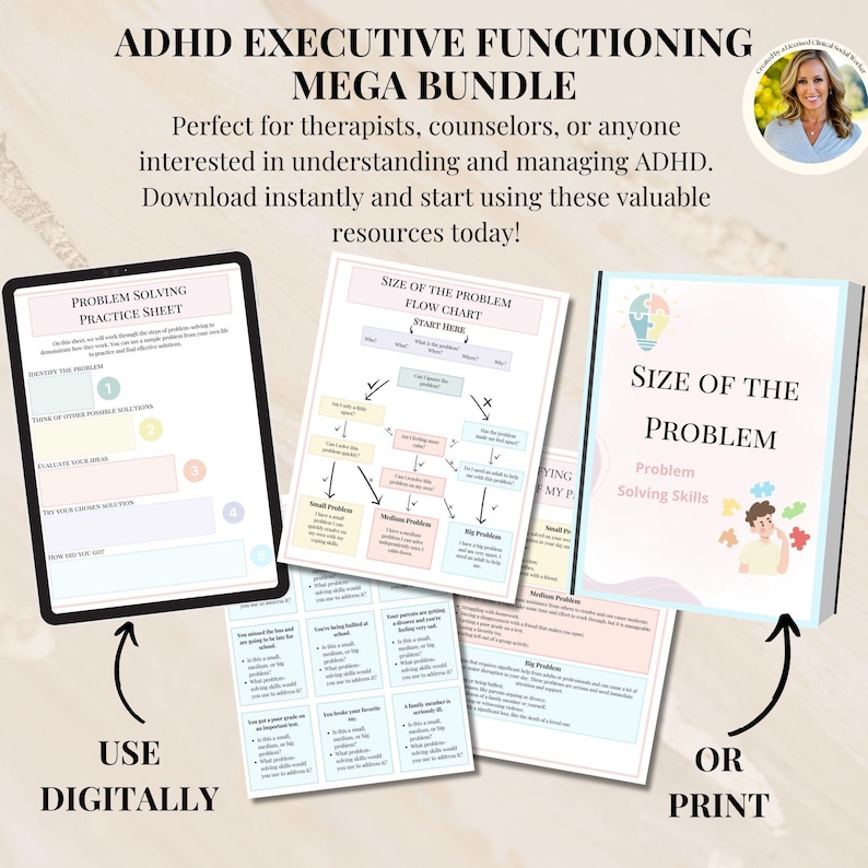 May include: A digital download bundle of printable worksheets for managing ADHD. The worksheets include a problem-solving practice sheet, a flow chart for identifying the size of a problem, and a worksheet for problem-solving skills. The worksheets are designed to be used digitally or printed.