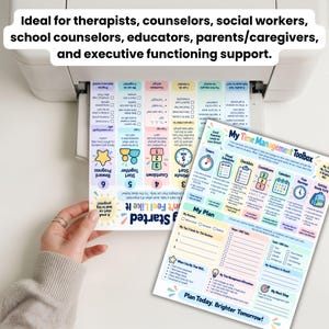 Op de afbeelding: Twee bedrukte vellen papier met een tijdmanagement-toolbox en een handleiding om aan de slag te gaan. De documenten bevatten kleurrijke grafieken, checklists en tekstsecties voor planning, doelstellingen en dagelijkse routines.