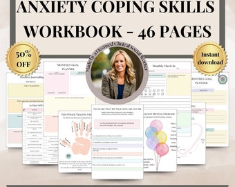 Anxiety CBT Workbook Digital or Printable Worksheets for Worry Stress Panic Coping Skills,Self-Help Anxiety Worksheets,Mental Health Therapy