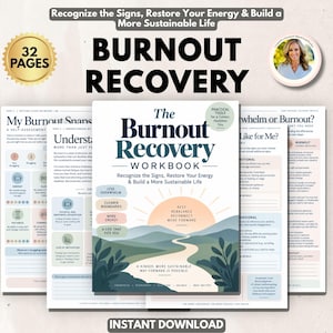 Könnte beinhalten: Ein 32-seitiges Burnout-Recovery-Arbeitsbuch mit einem Cover, das eine Landschaft mit Hügeln und einer aufgehenden Sonne zeigt. Der Text lautet: The Burnout Recovery Workbook, Recognize the Signs, Restore Your Energy & Build a More Sustainable Life.