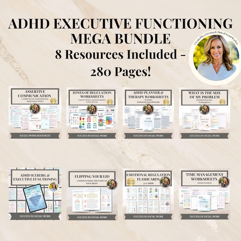 May include: A digital product bundle for ADHD executive functioning, featuring 8 resources with 280 pages. The bundle includes worksheets, planners, flashcards, and more. The resources are designed to help individuals with ADHD improve their executive functioning skills.