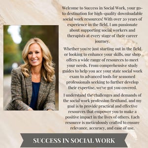 May include: A woman with a warm smile stands in front of a light brown background. The text "Welcome to Success in Social Work" is at the top of the image. The text describes the website as a resource for social workers and therapists.