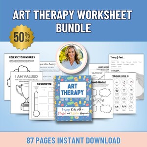 May include: A collection of art therapy worksheets for children, including a spiral-bound notebook titled "Art Therapy." The worksheets offer prompts for emotional expression and self-reflection, with a 50% off gold sticker. The bundle contains 87 pages.
