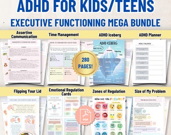 ADHD Executive Functioning Mega Bundle for Kids, Teens (280 Pages) Therapy Printables, Therapist Tools, Life Skills and Impulse Control