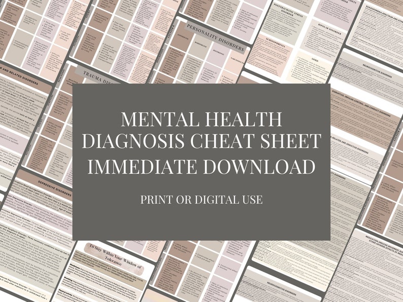 Op de afbeelding: Een digitale download-cheat sheet voor diagnoses van psychische gezondheid. De cheat sheet is georganiseerd in categorie&euml;n zoals persoonlijkheidsstoornissen, traumastoornissen en angststoornissen. De tekst "Mental Health Diagnosis Cheat Sheet Immediate Download Print or Digital Use" wordt weergegeven in grote, vetgedrukte letters op een grijze achtergrond.